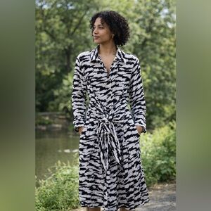 Ella Rafaella Black White Drop Tie Waist Shirt Dress Midi Medium Office Career